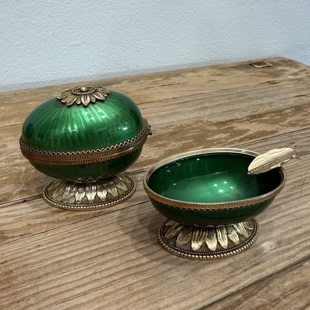 Vintage Evans Green Guilloche Enamel Egg Table Lighter & Ashtray Set MCM Japan